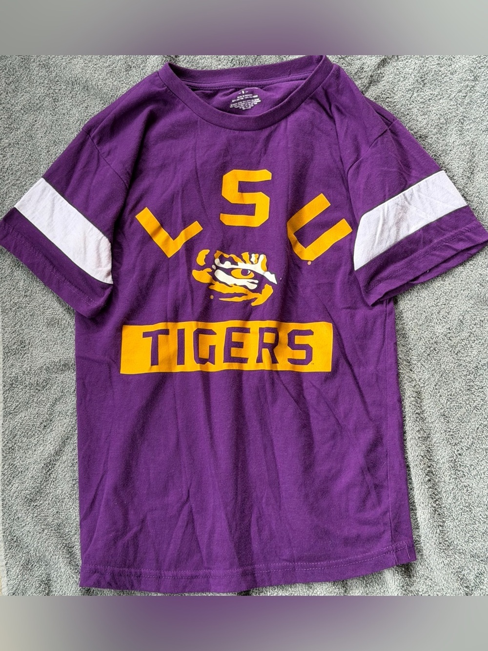 LSU Tigers Purple Short Sleeve Team Tee with White Sleeve Stripes
